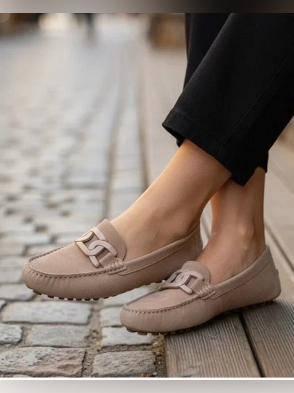 Women’s Taupe Slip-On Loafers with Decorative Chain
